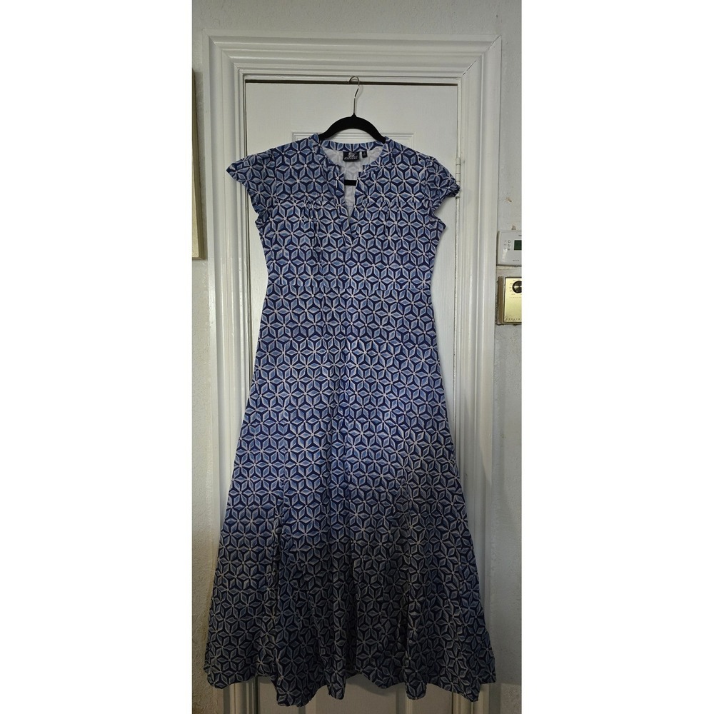 Madison Mathews Dress Women's Blue White Geometric Maxi Dress Size Small‎